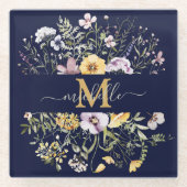 Elegante Monogram Farbenfrohe Wildblume Garten Blu Glasuntersetzer (Vorderseite)