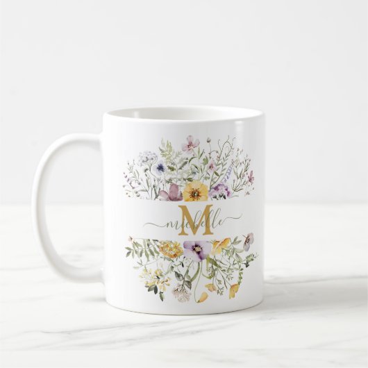 Elegante Monogram Farbenfrohe Wildblume Garten Blu Kaffeetasse (Links)