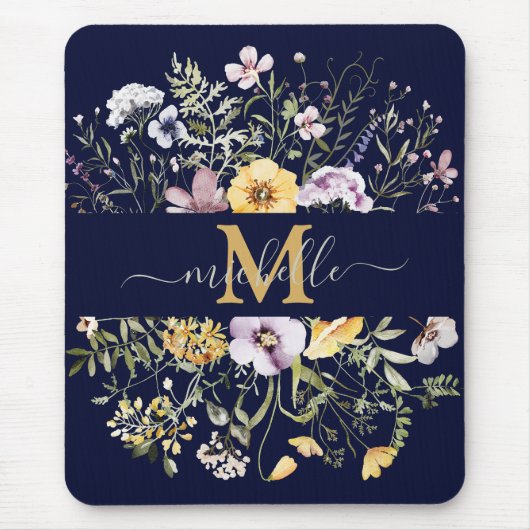 Elegante Monogram Farbenfrohe Wildblume Garten Blu Mousepad (Vorne)