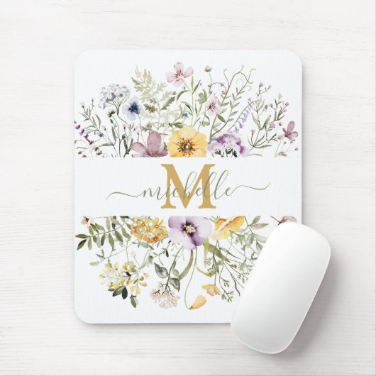 Elegante Monogram Farbenfrohe Wildblume Garten Blu Mousepad (Mit Mouse)