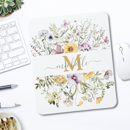 Elegante Monogram Farbenfrohe Wildblume Garten Blu Mousepad