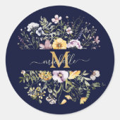 Elegante Monogram Farbenfrohe Wildblume Garten Blu Runder Aufkleber (Vorderseite)