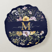 Elegante Monogram Farbenfrohe Wildblume Garten Blu Rundes Kissen (Rückseite)