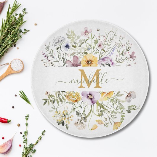 Elegante Monogram Farbenfrohe Wildblume Garten Blu Schneidebrett