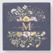 Elegante Monogram Farbenfrohe Wildblume Garten Blu Steinuntersetzer (Vorderseite)