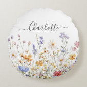 Elegante Monogram farbenfrohe Wildblume Rundes Kissen (Vorderseite)