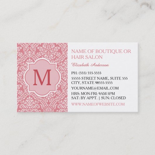 Elegante Monogram Feminine Pink Damask Schönheitss Visitenkarte (Vorderseite)