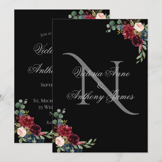 Elegante Monogram Floral Black Wedding Einladung (Vorne/Hinten)