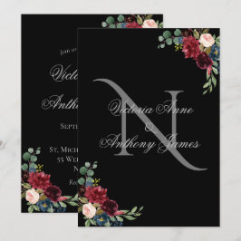 Elegante Monogram Floral Black Wedding Einladung