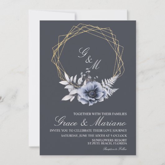 Elegante Monogram Floral Blue Wedding Einladung (Vorderseite)