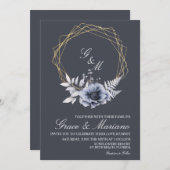 Elegante Monogram Floral Blue Wedding Einladung (Vorne/Hinten)