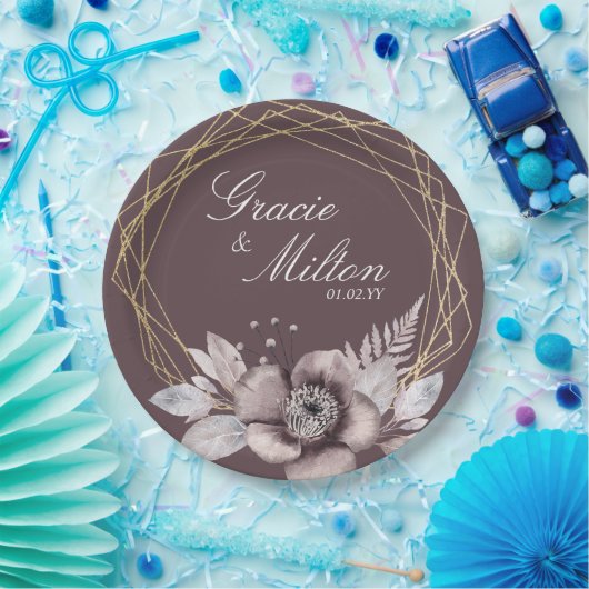 Elegante Monogram Floral Mauve Gold Wedding Pappteller (Party)