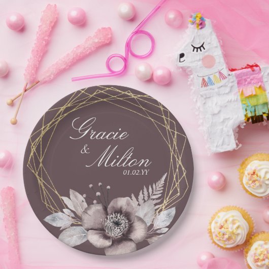 Elegante Monogram Floral Mauve Gold Wedding Pappteller (Party)
