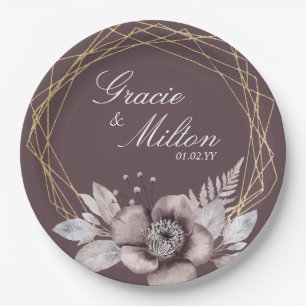 Elegante Monogram Floral Mauve Gold Wedding Pappteller