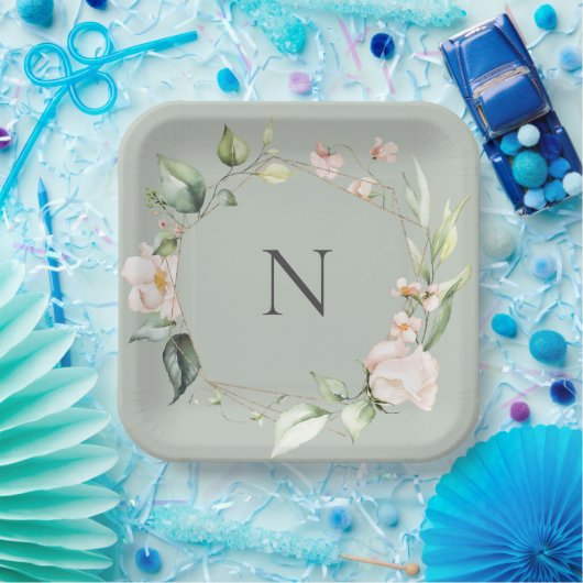 Elegante Monogram Floral Pink Sage Hochzeit Teller (Party)