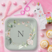 Elegante Monogram Floral Pink Sage Hochzeit Teller (Party)