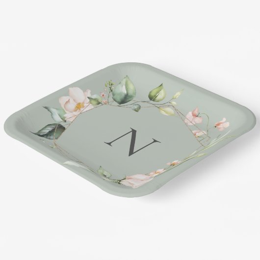 Elegante Monogram Floral Pink Sage Hochzeit Teller (Gewinkelt)