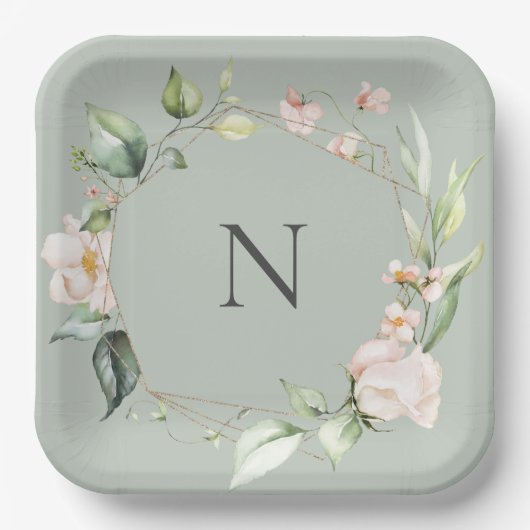 Elegante Monogram Floral Pink Sage Hochzeit Teller (Vorderseite)