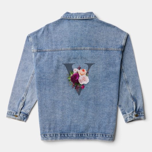 Elegante Monogram Floral Rose Blue Initial Modern Jeansjacke (Rückseite)