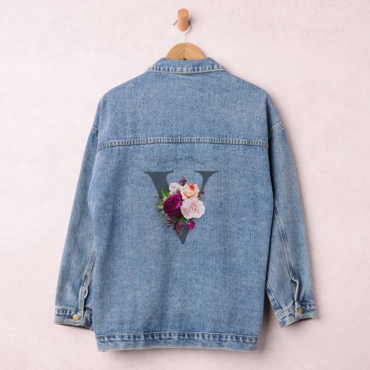 Elegante Monogram Floral Rose Blue Initial Modern Jeansjacke (Hangar)