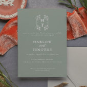 Elegante Monogram Floral Wappen Sage Green Wedding Einladung