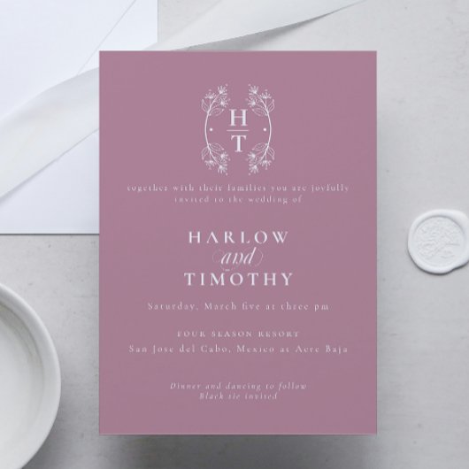 Elegante Monogram Floral Wappen staubig mauve Wedd Einladung