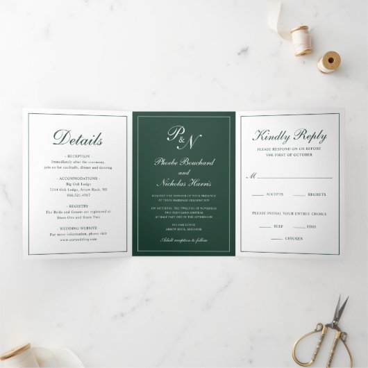 Elegante Monogram Formal Foto Forest Green Wedding Dreifach Gefaltete Einladung (Innenseite)