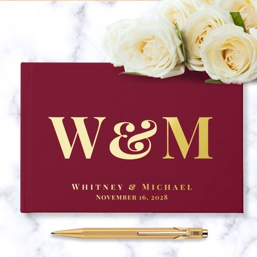 Elegante Monogram Foto Burgundy Wedding Gästebuch