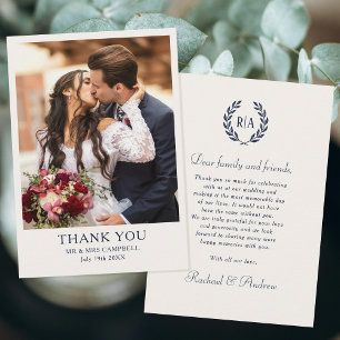 Elegante Monogram Foto Navy Blue Wedding Dankeskarte