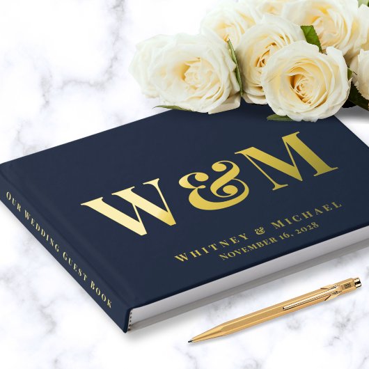 Elegante Monogram Foto Navy Blue Wedding Gästebuch