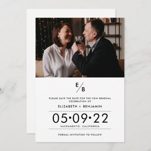 Elegante Monogram Foto Vow Renewal Save The Date (Vorne/Hinten)
