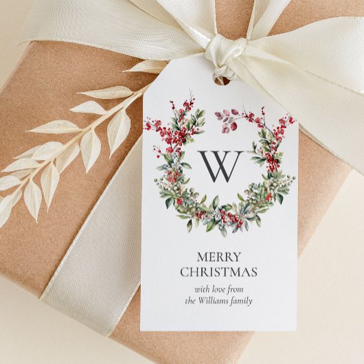 Elegante Monogram Frohe Weihnachtsfeiertage Wreath Geschenkanhänger