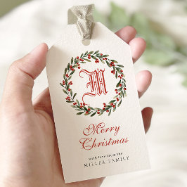 Elegante Monogram Frohe Weihnachtsfeiertage Wreath Geschenkanhänger