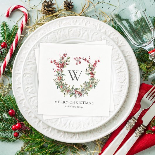 Elegante Monogram Frohe Weihnachtsfeiertage Wreath Serviette