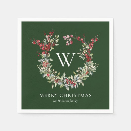 Elegante Monogram Frohe Weihnachtsfeiertage Wreath Serviette (Vorderseite)