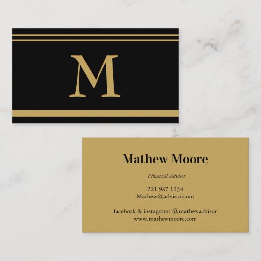 Elegante Monogram Gold Black Formal Business Card Visitenkarte (Vorne/Hinten)