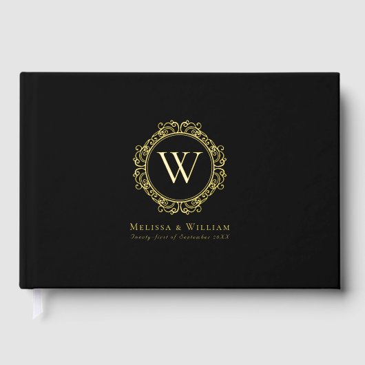 Elegante Monogram Gold Foil Black Wedding Gästebuch (Vorderseite)
