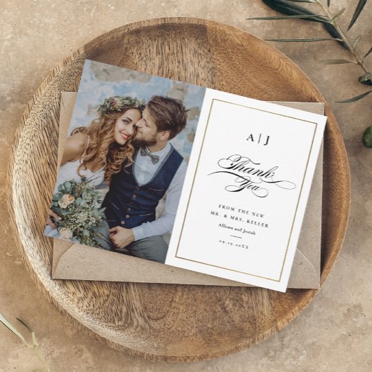 Elegante Monogram Gold Foto Wedding Dankeskarte