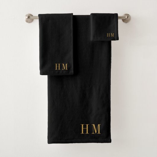 Elegante Monogram Gold Name Black Badhandtuch Set (Insitu)