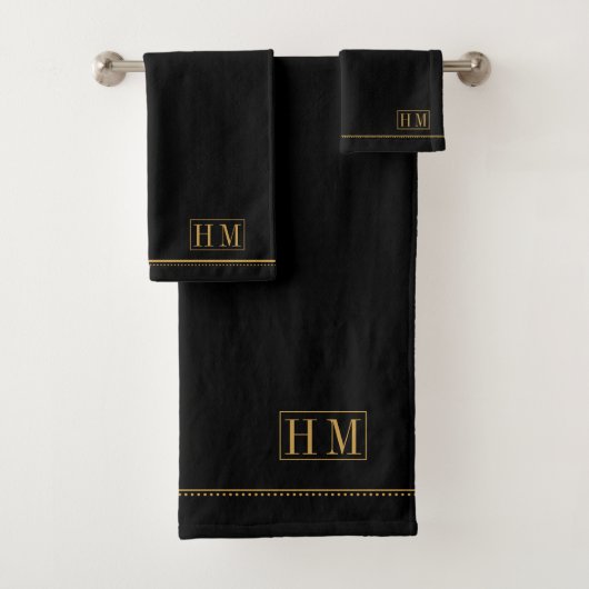 Elegante Monogram Gold Name Black Badhandtuch Set (Insitu)