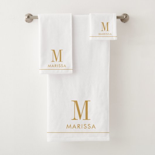 Elegante Monogram Gold Name White Badhandtuch Set (Insitu)