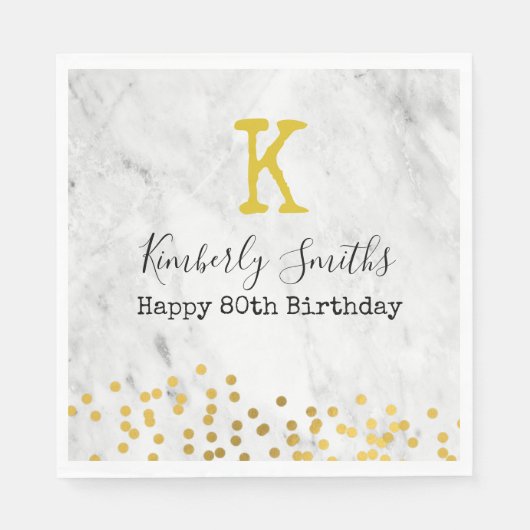 Elegante Monogram Gold Punkte auf Marmor 80. Gebur Serviette (Vorderseite)