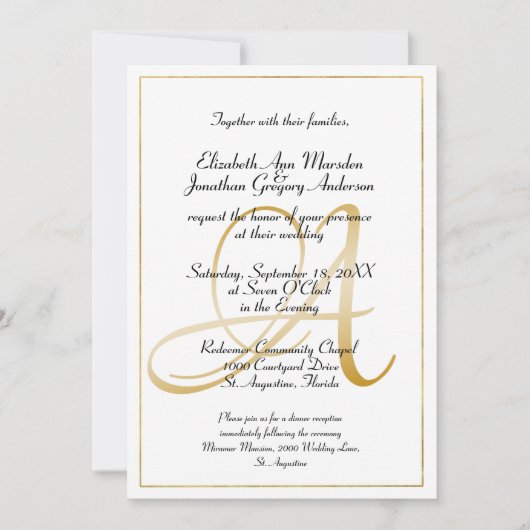 Elegante Monogram Gold Script Calligraphy Wedding Einladung (Vorderseite)