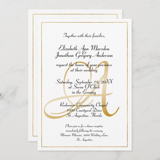 Elegante Monogram Gold Script Calligraphy Wedding Einladung (Vorne/Hinten)