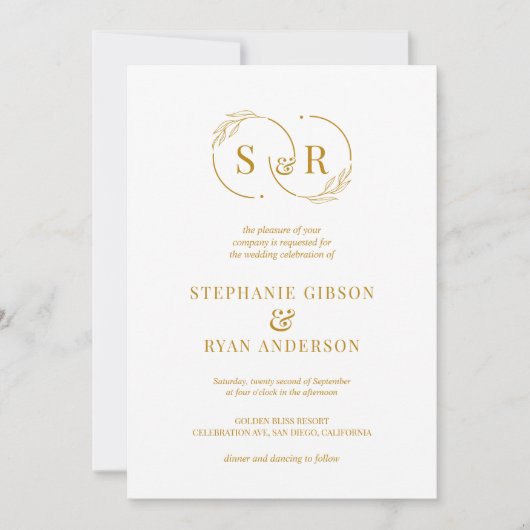Elegante Monogram Gold Script Moderne Hochzeit Einladung (Vorderseite)