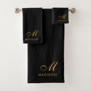 Elegante Monogram Gold Script Name Black Badhandtuch Set