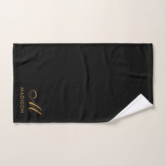 Elegante Monogram Gold Script Name Black Badhandtuch Set (Handtuch)