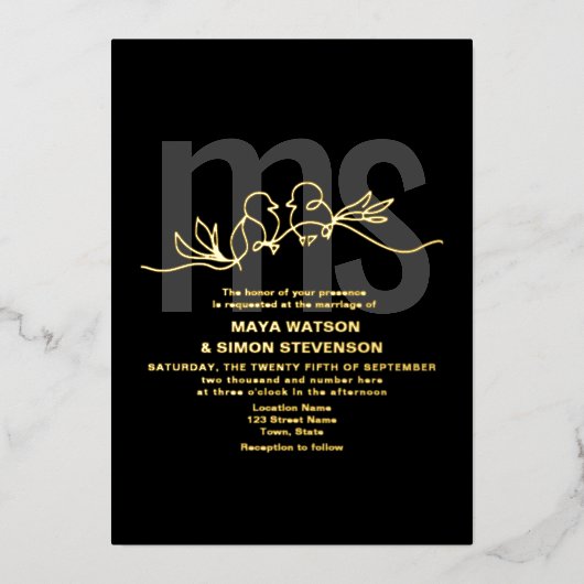 Elegante Monogram Gold und Black Wedding Folieneinladung (Vorderseite)