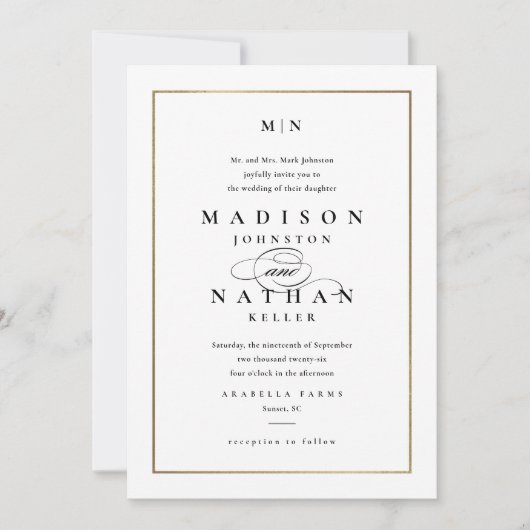 Elegante Monogram Gold Wedding Einladung (Vorderseite)