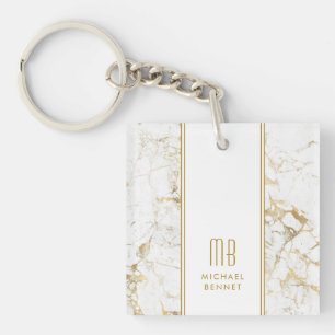Elegante Monogram Gold Weißer Marmor Schlüsselanhänger
